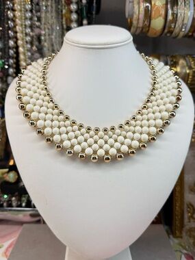 Vintage Japan Cream Acrylic Bead Collar Necklace with Gold Accents